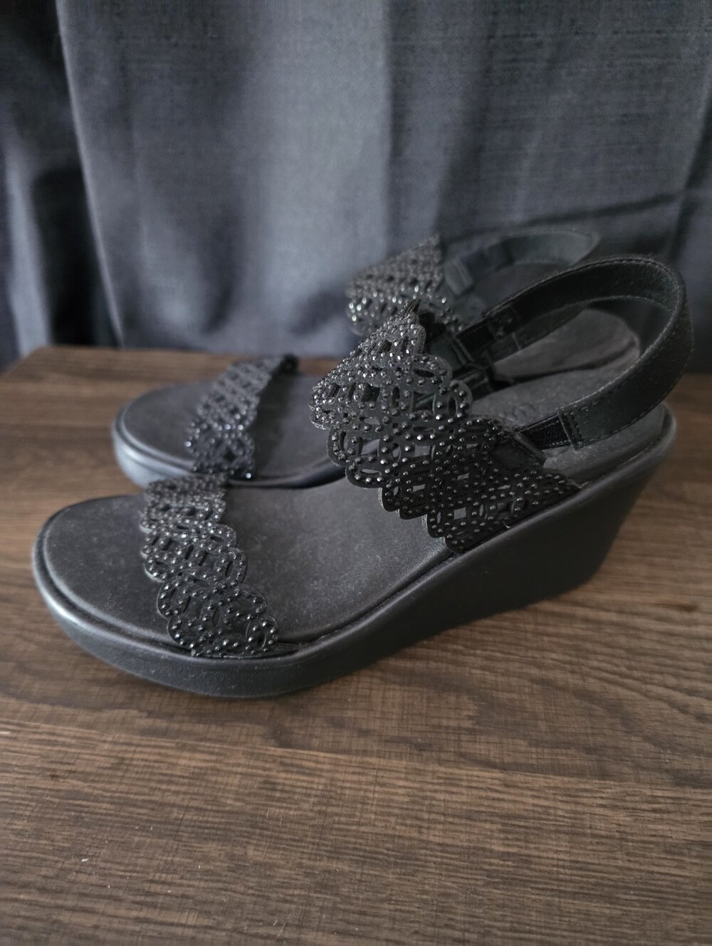 Skechers Black Wedge Sandals with Decorative Straps